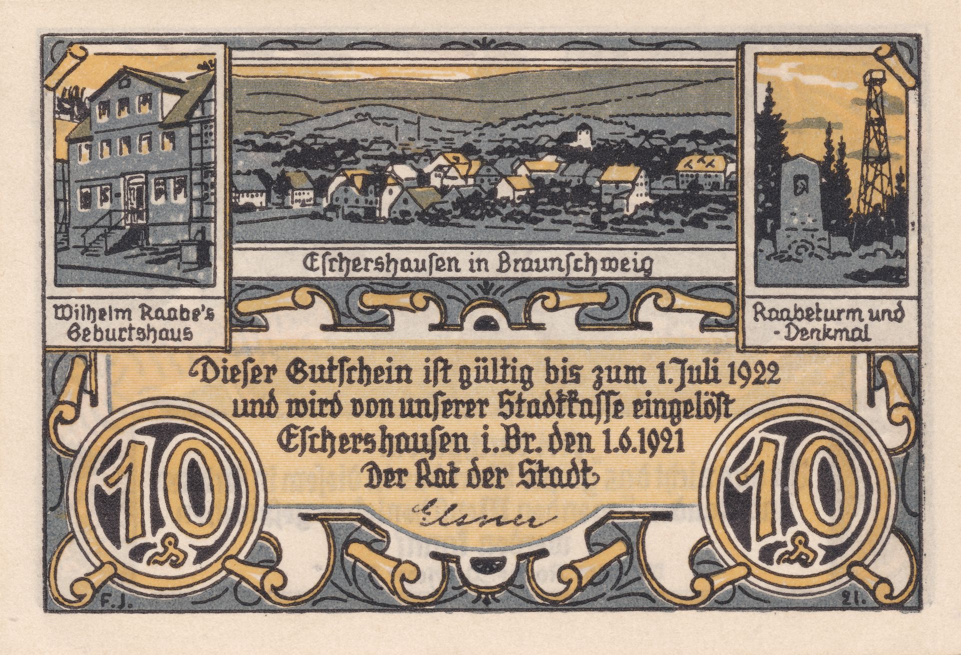 Notgeld der Stadt Eschershausen, Frontseite des 10-Pfennig-Scheins 1921